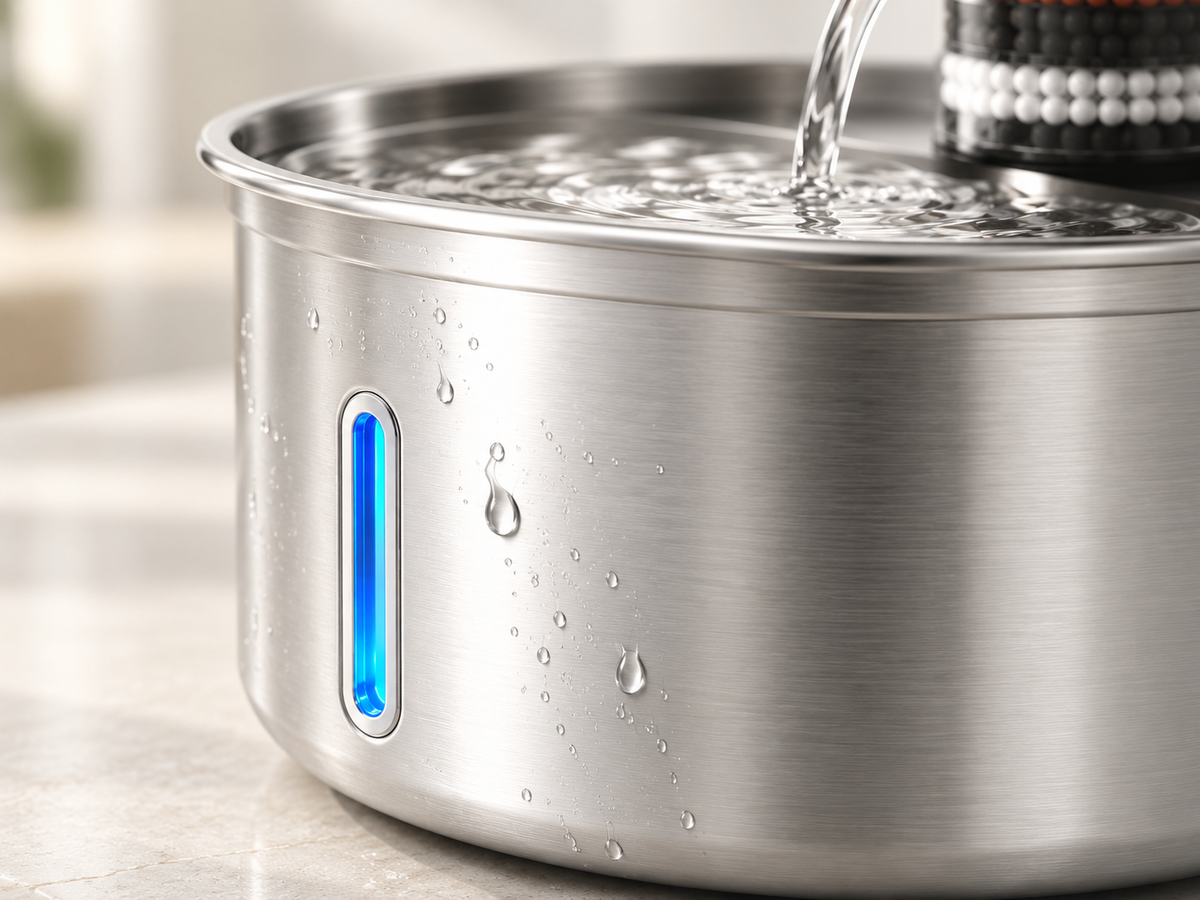 Close-up of the fountain's brushed stainless steel body