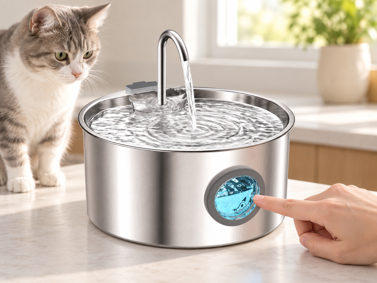 A hand checking the water level window while a cat watches