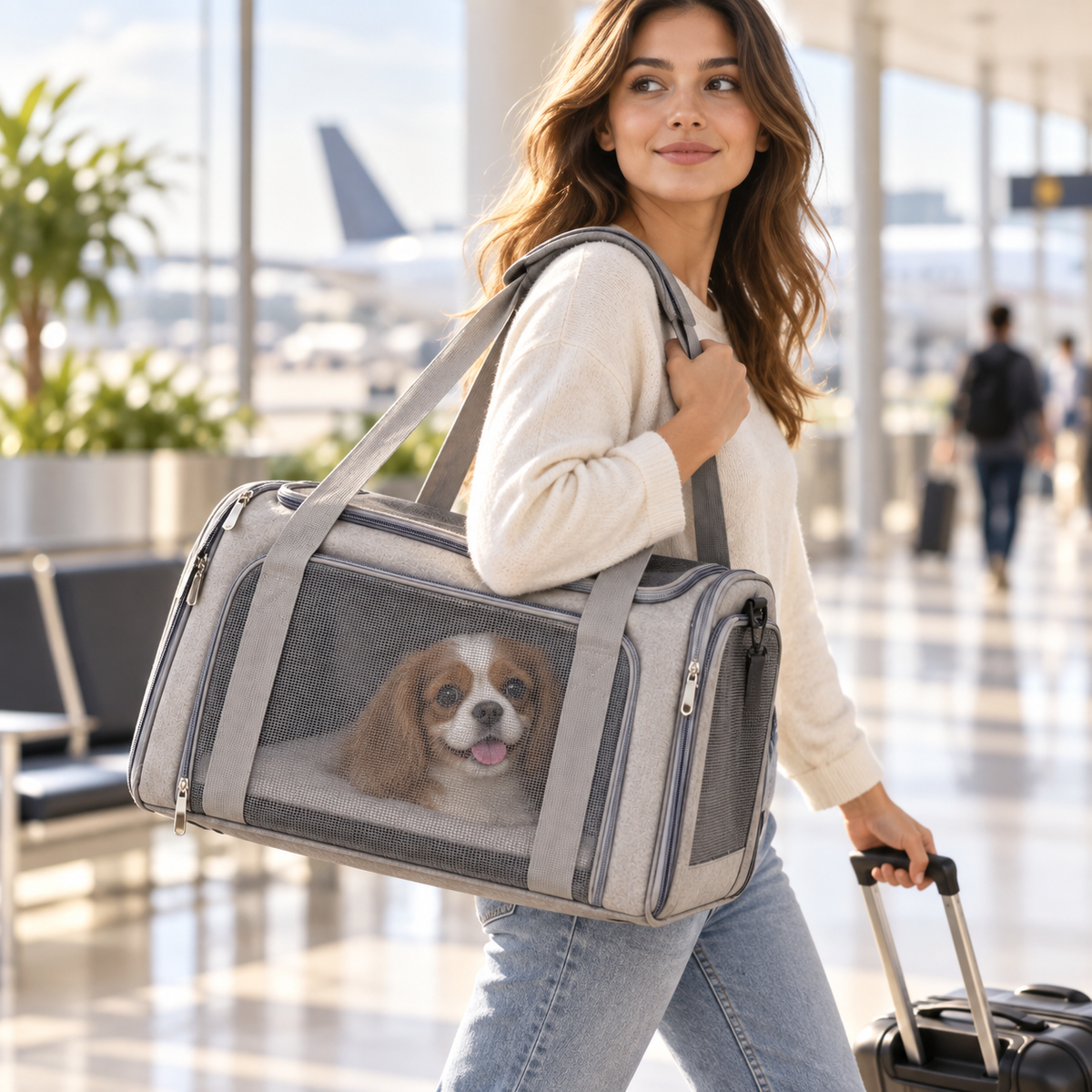 Woman carrying the gray Casanvero soft-side pet carrier through an airport terminal, dog visible through the mesh panel