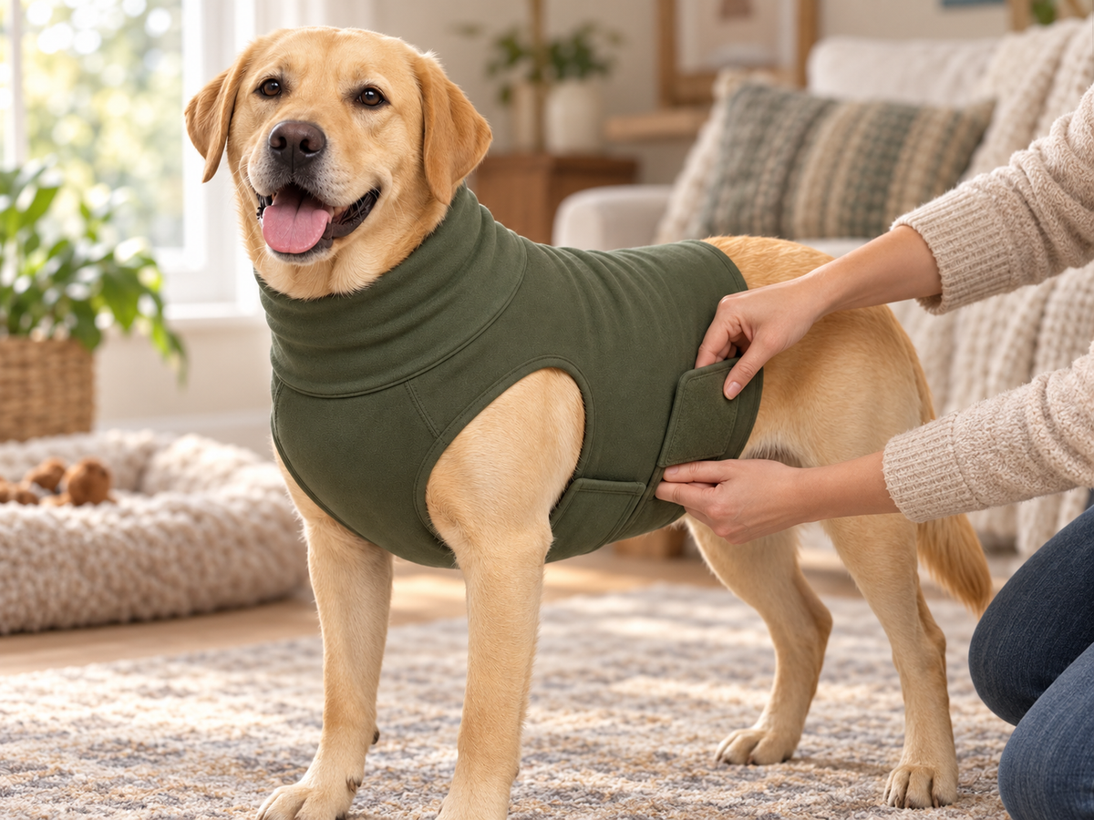 Fastening the Casanvero Thunder Jacket's velcro belly strap on a calm Labrador