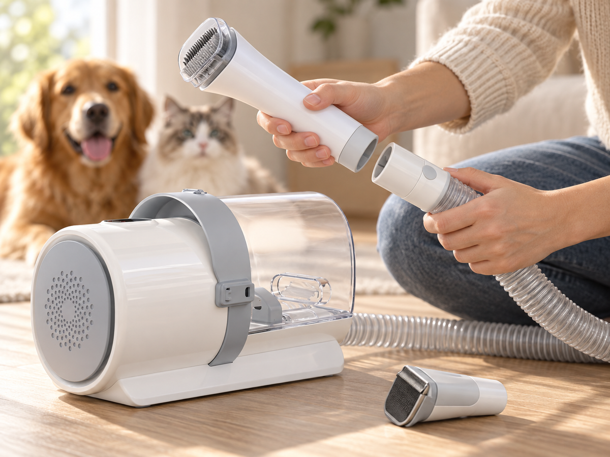 Hands attaching a tool head while a dog and cat watch