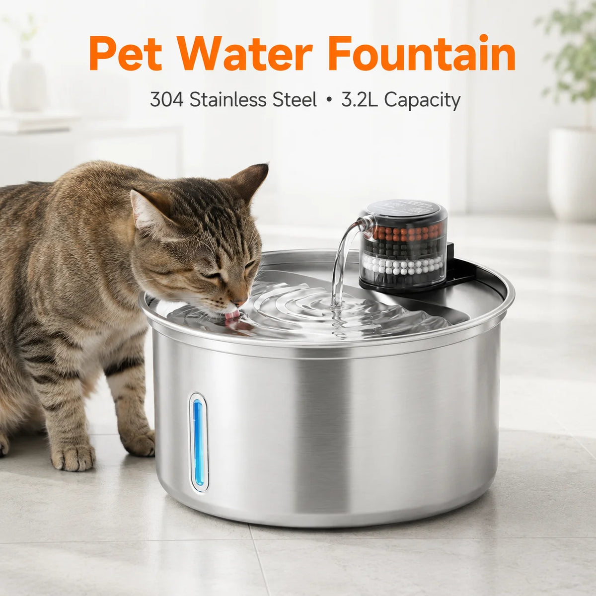 Automatic Cat Water Fountain 304 Stainless Steel 3200ml Pet Drinking Dispenser Quiet 12V Indoor Circulating Fountain Cats Dogs