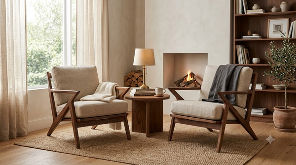 Two mid-century beige linen lounge chairs shown together as a pair