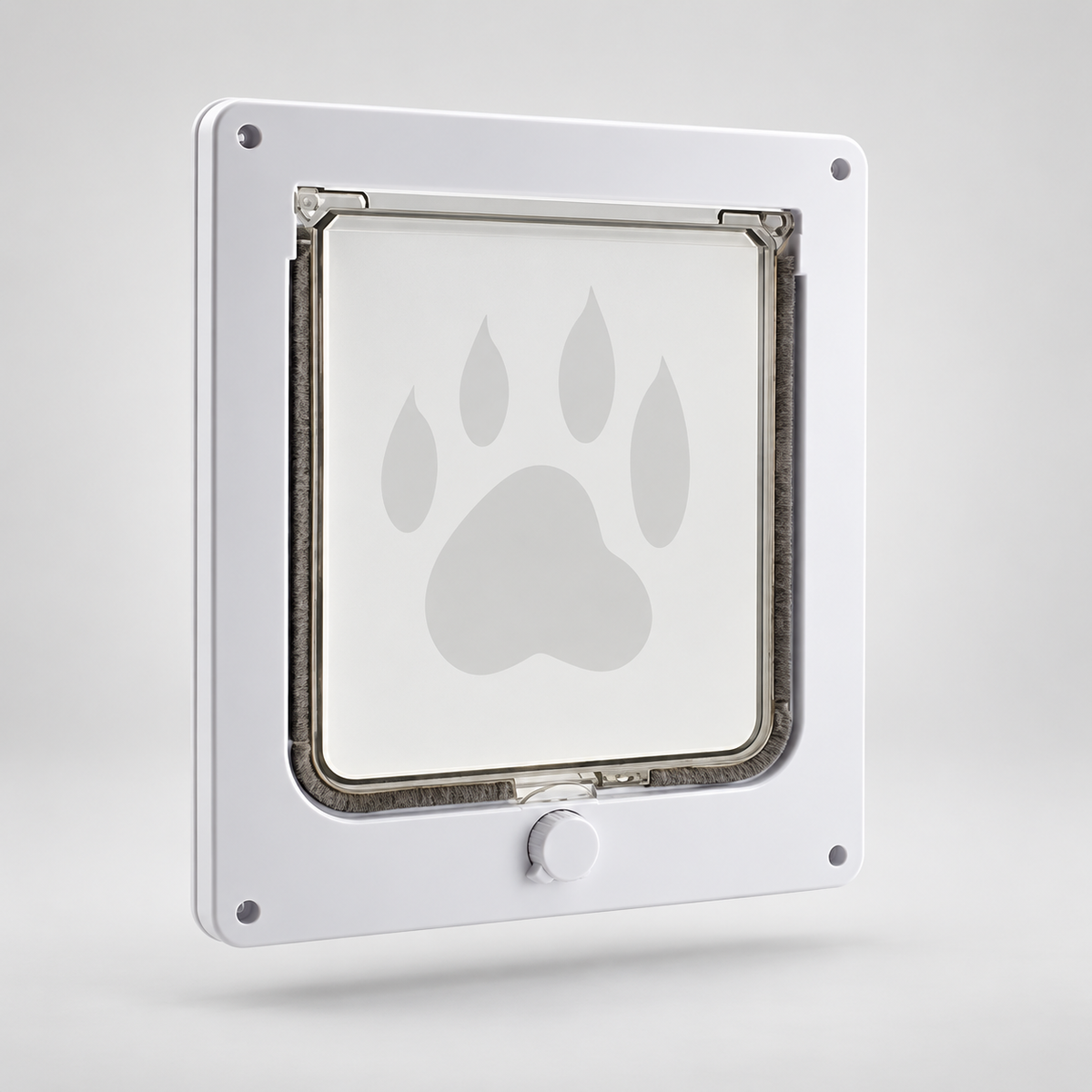 Casanvero Portal Cat Door, white ABS frame with translucent paw-print flap, three-quarter view