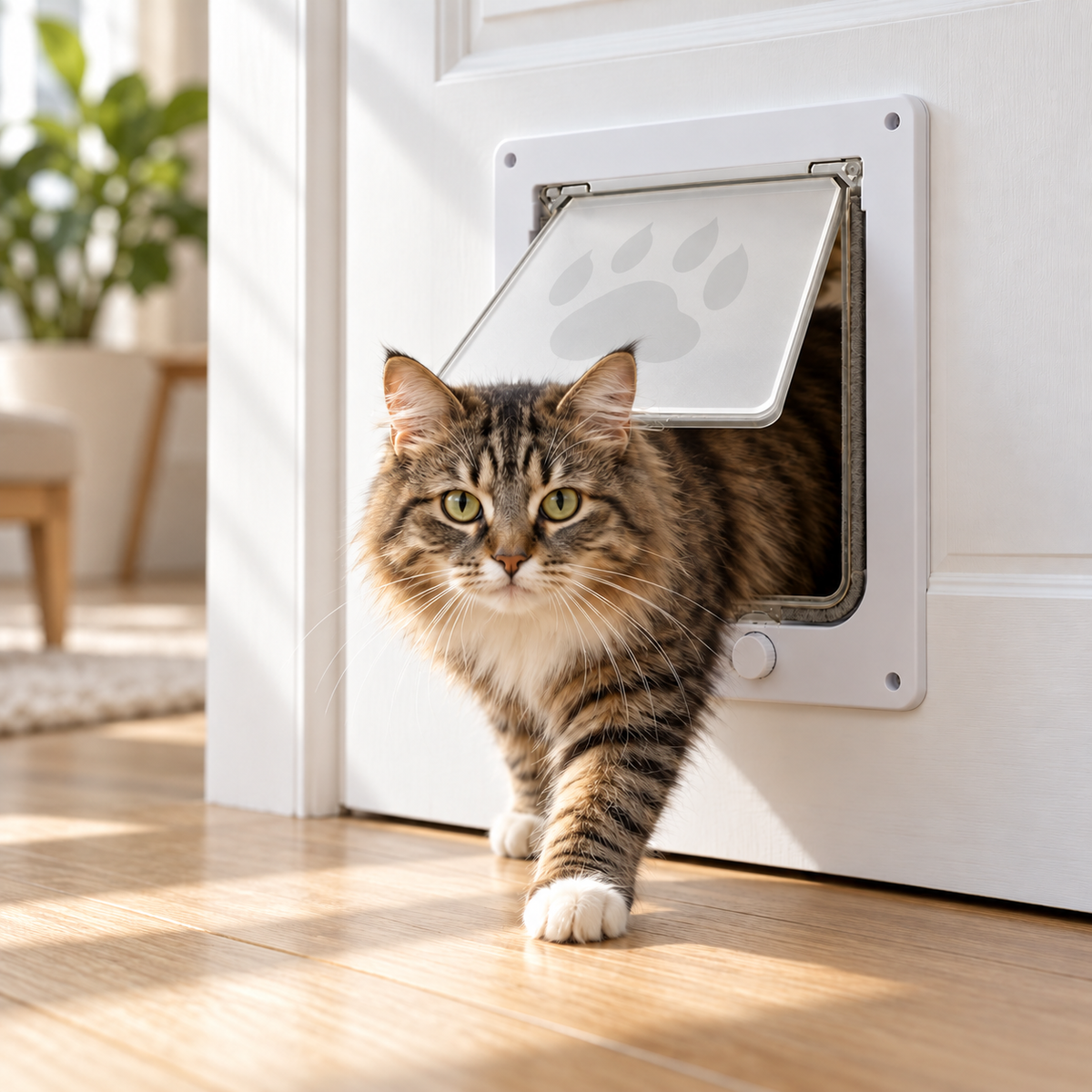 Cat stepping through the Portal Cat Door installed in a white interior door
