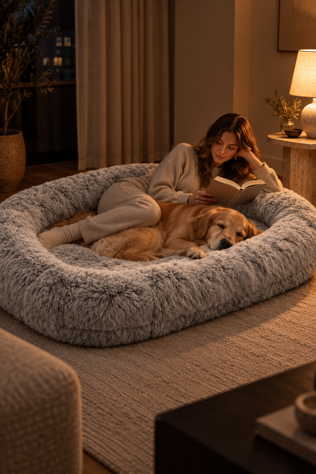 A woman reading on the Den Lounger with a sleeping golden retriever beside her