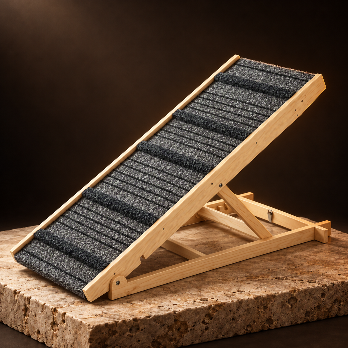 Ascend Adjustable Dog Ramp on a travertine plinth