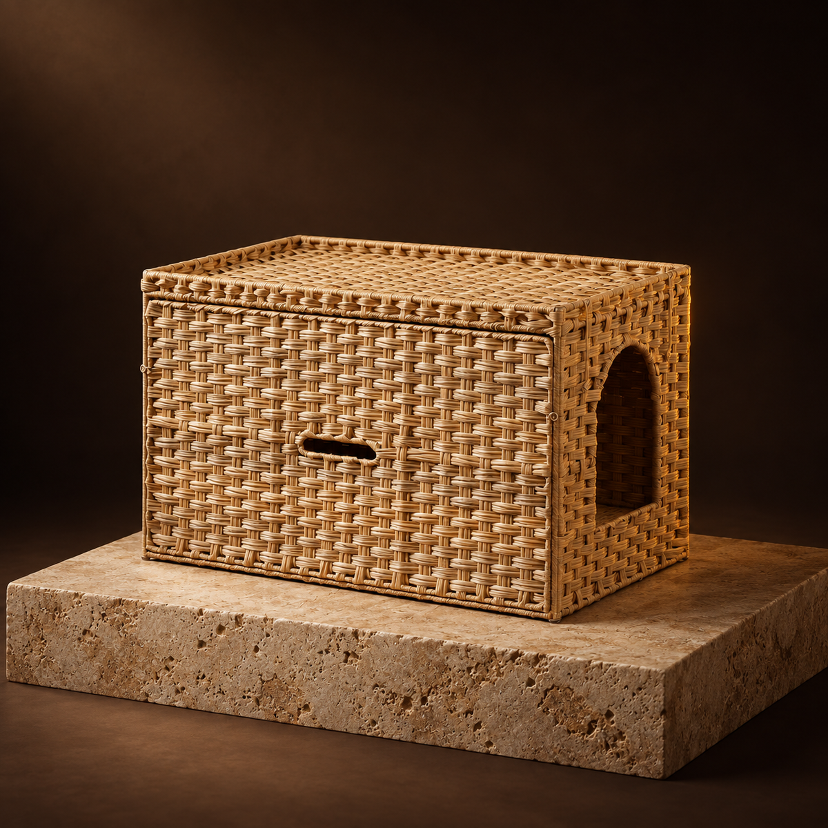Hideaway Rattan Litter Cabinet on a travertine plinth