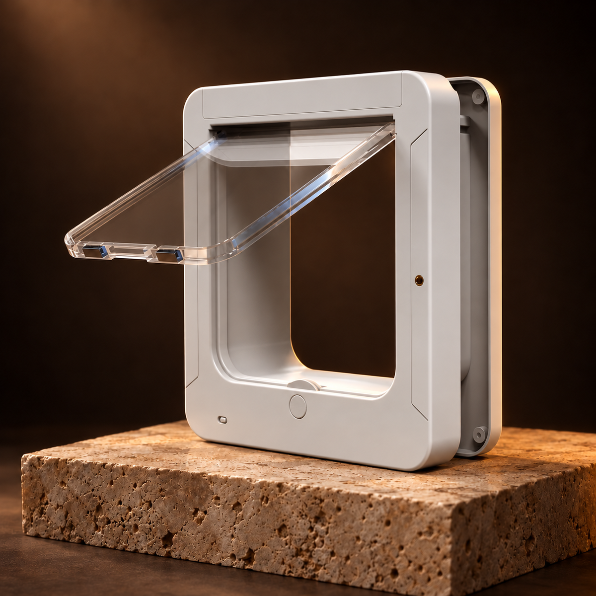 Portal Smart Microchip Cat Door on a travertine plinth