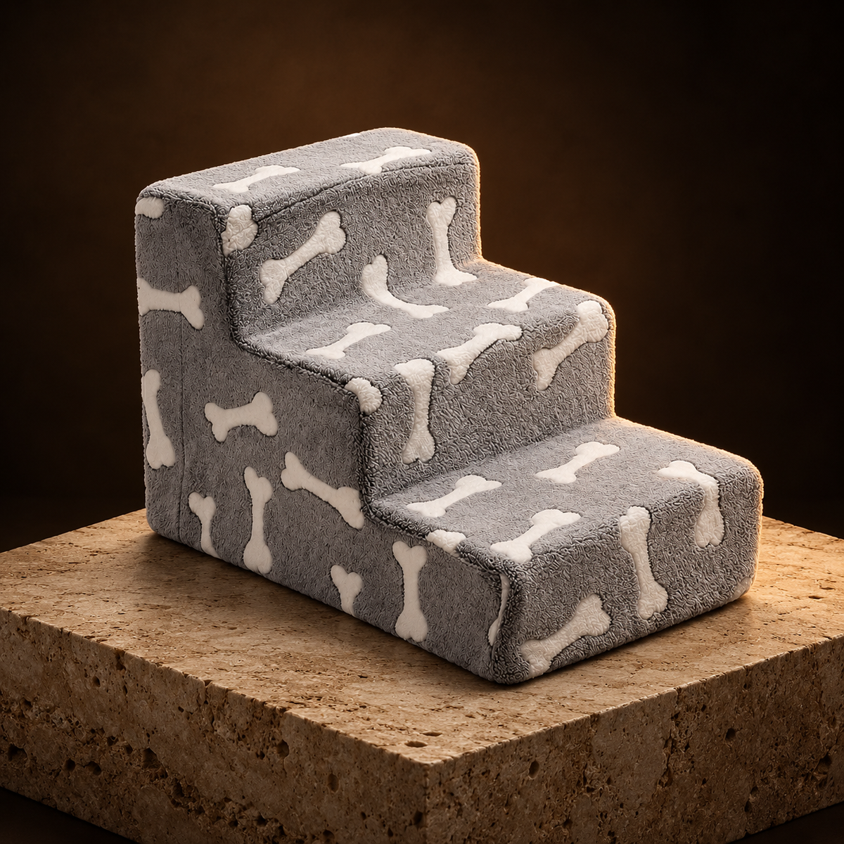 Cloudstep Foam Dog Stairs on a travertine plinth