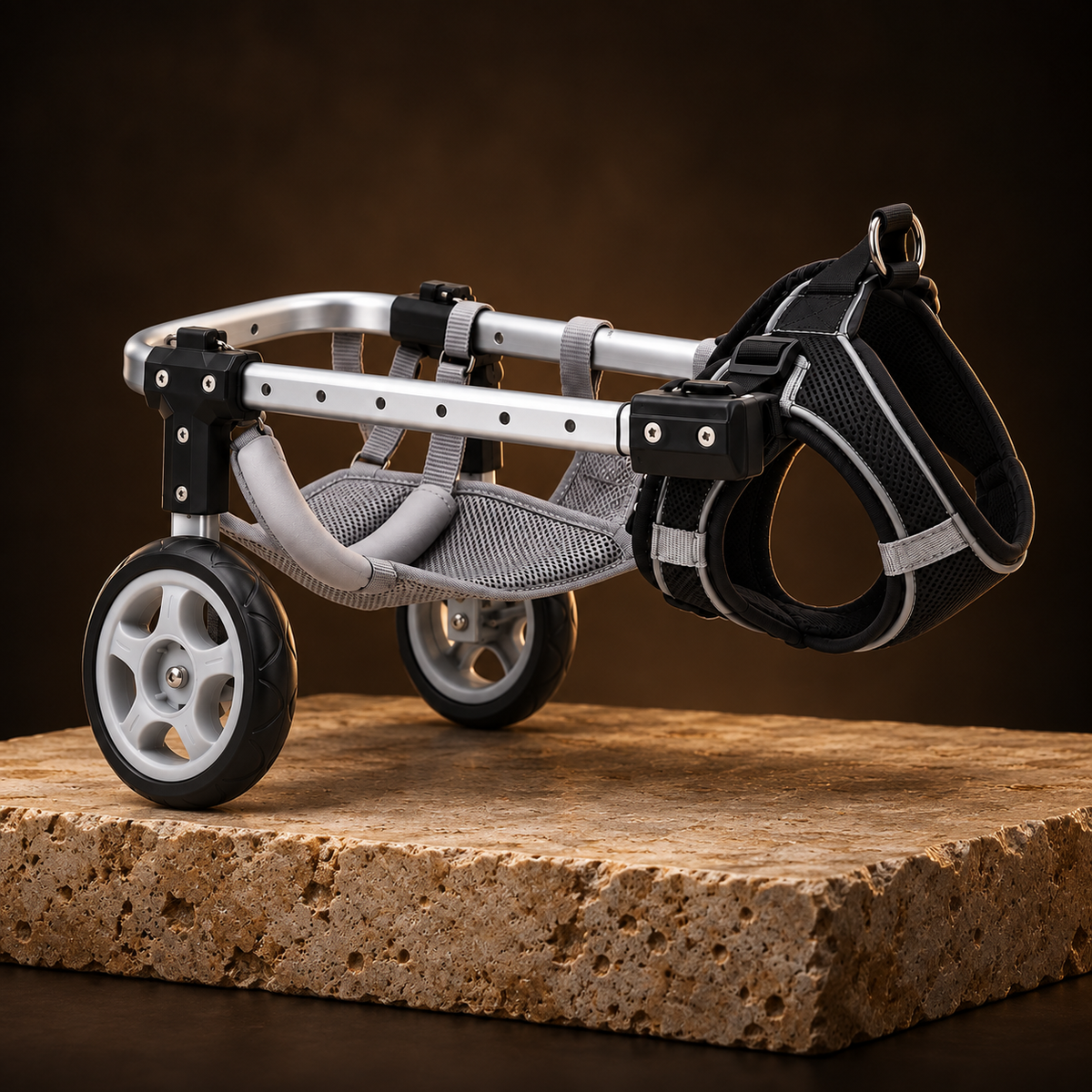 Rove Small Dog Wheelchair on a travertine plinth