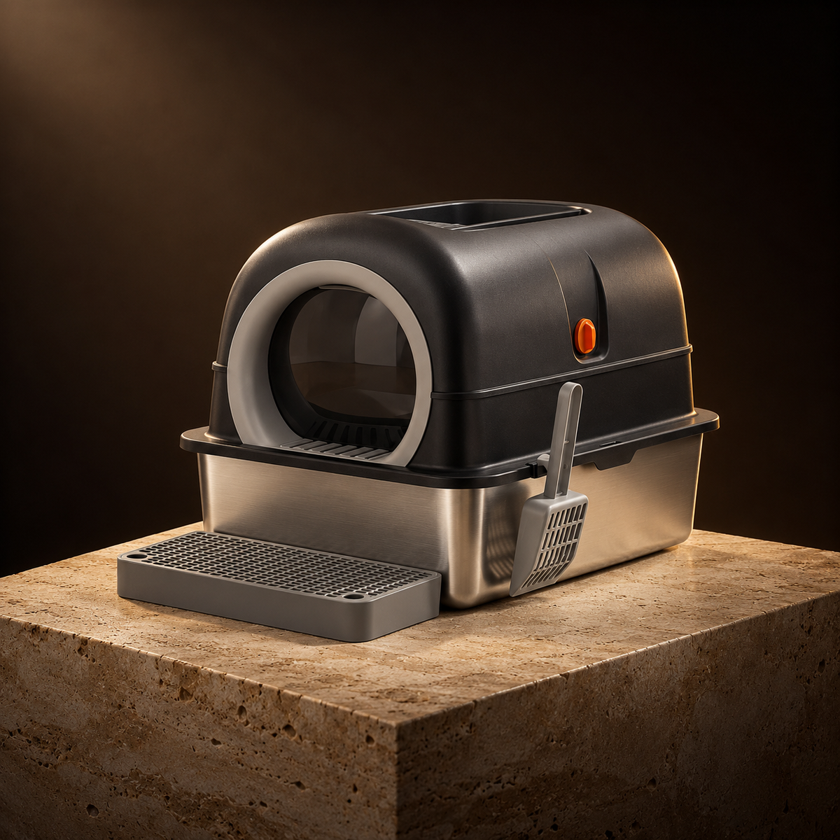 Enclave Stainless Litter Box on a travertine plinth