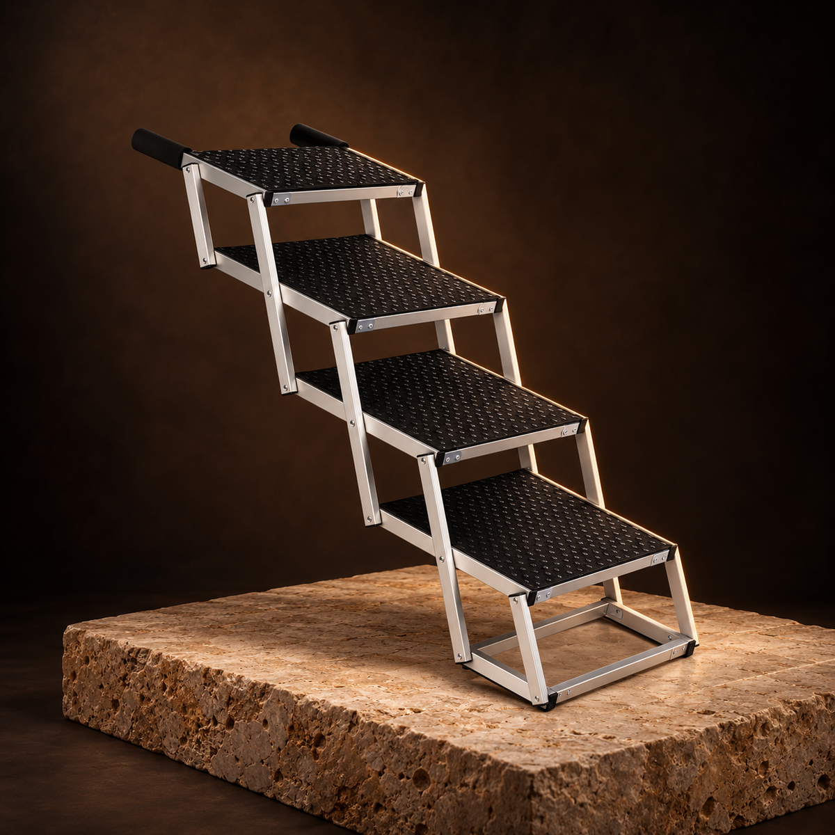 Summit Folding Dog Car Steps on a travertine plinth
