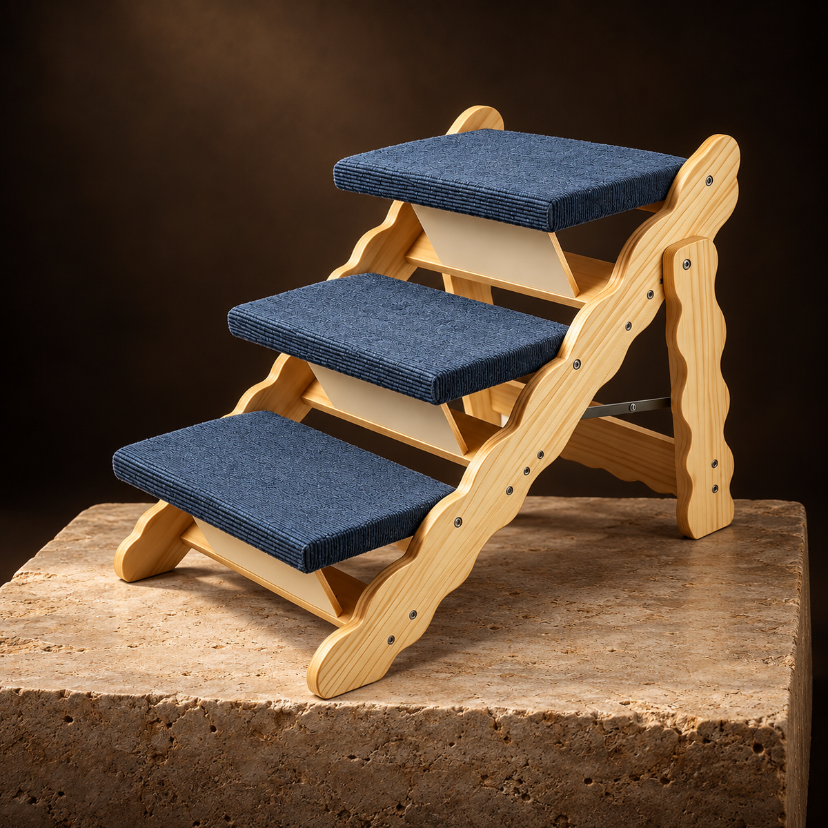 Tier 2-in-1 Dog Stairs on a travertine plinth