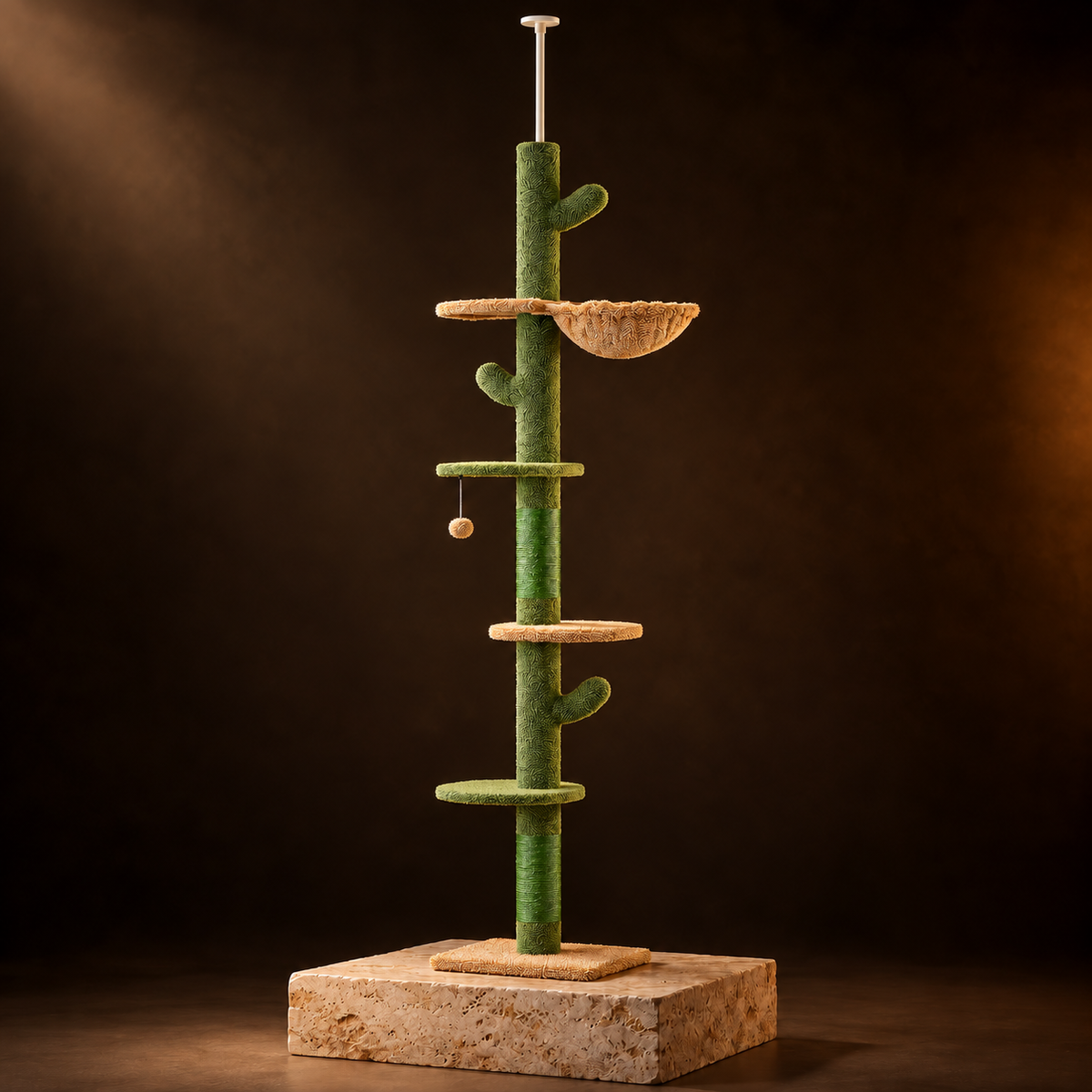 Canopy Floor-to-Ceiling Cat Tree on a travertine plinth
