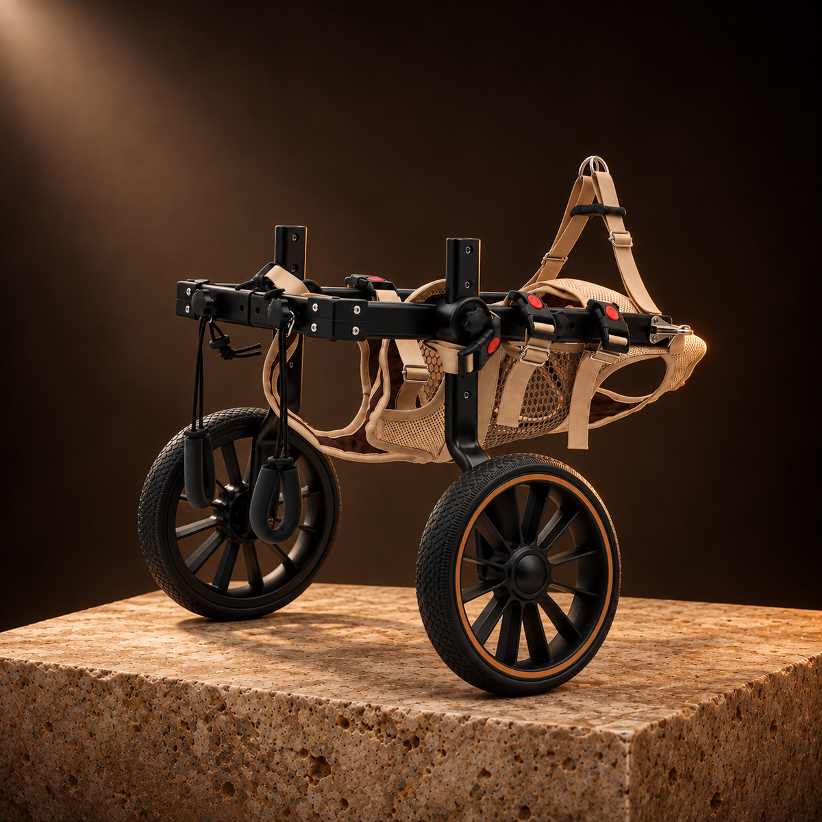 Trek Large Dog Wheelchair on a travertine plinth
