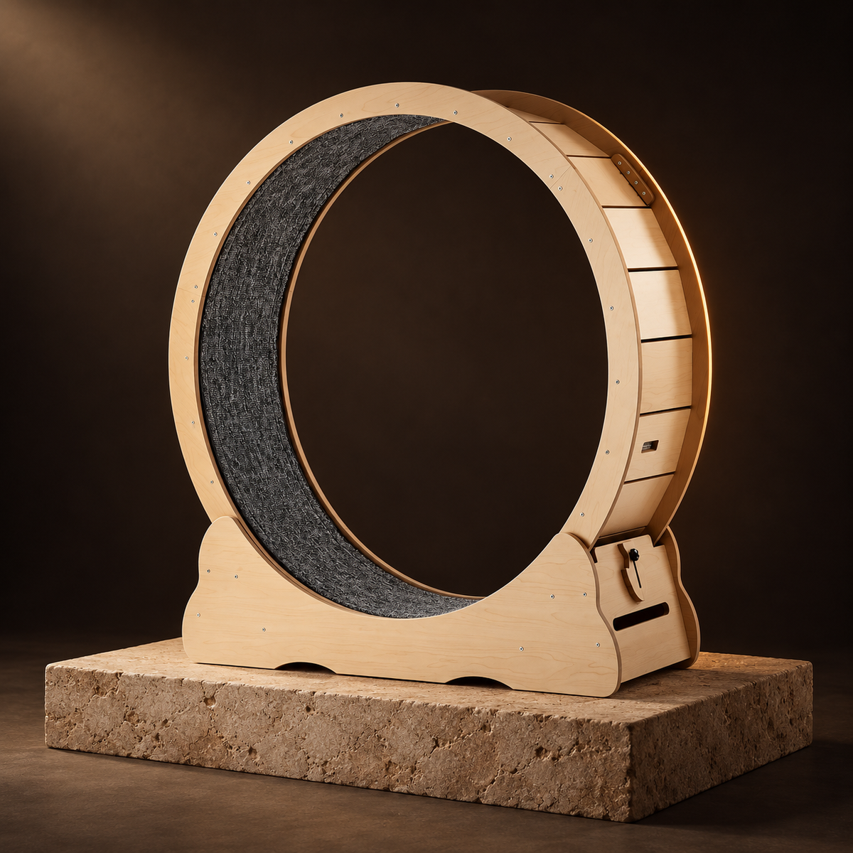 Orbit cat wheel on a travertine plinth