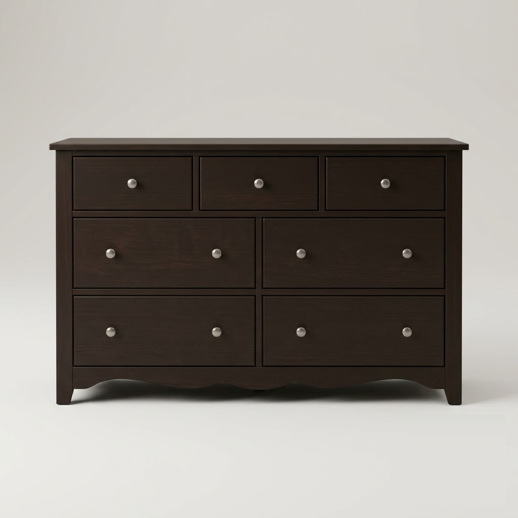 Seven-drawer espresso wood dresser, straight-on front view