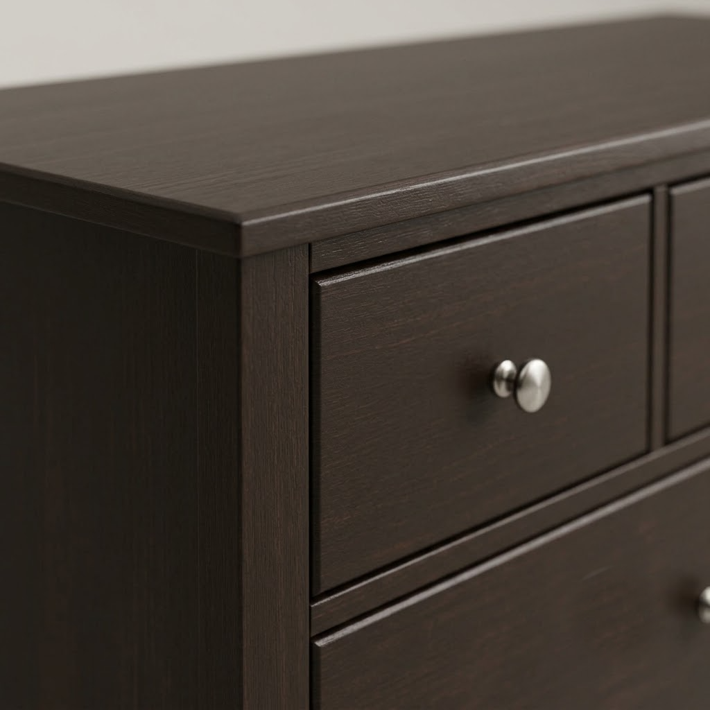 Close-up of wood grain and brushed nickel knob hardware