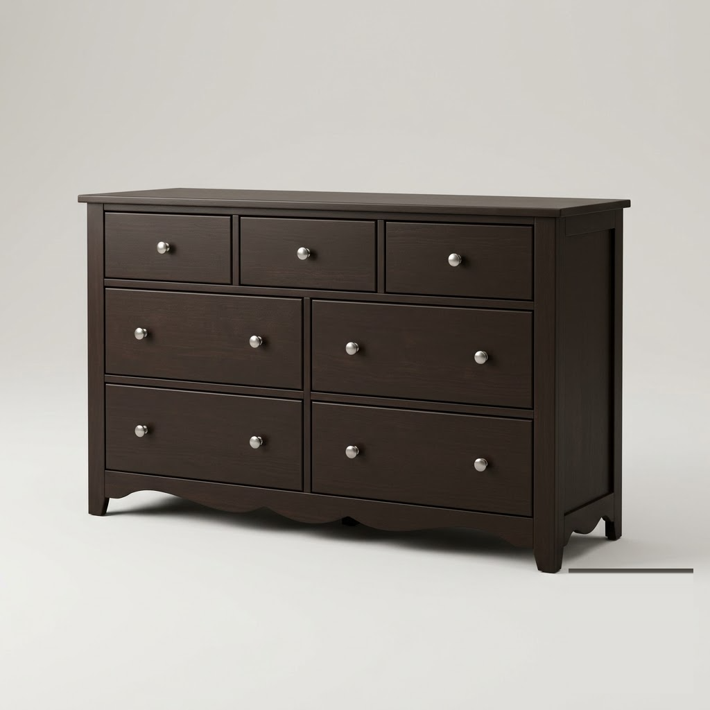 Seven-drawer espresso wood dresser, three-quarter studio view