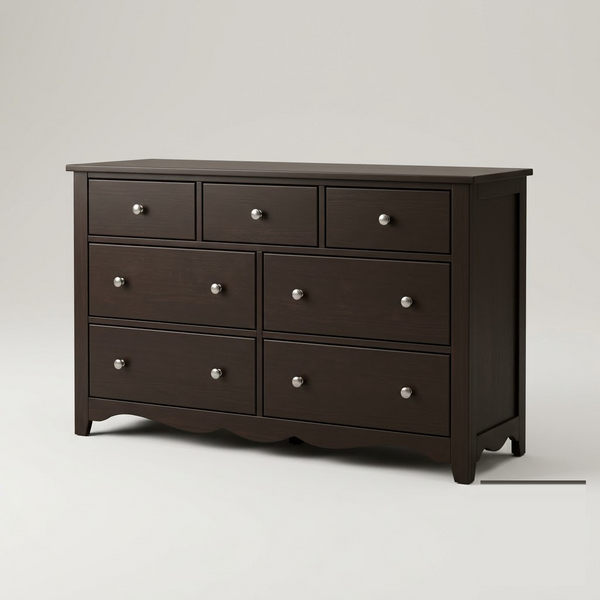 Seven-drawer espresso wood dresser, three-quarter studio view