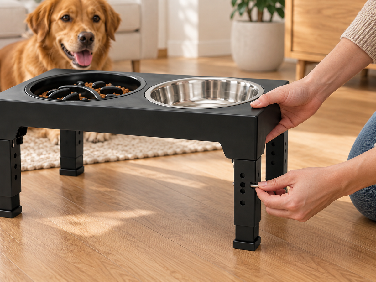 Adjusting the peg-hole leg height on the Casanvero elevated dog feeder stand