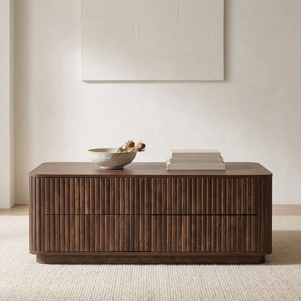 Fluted Walnut Coffee Table, 4-Drawer