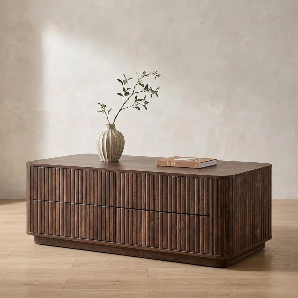 Fluted Walnut Coffee Table, 4-Drawer