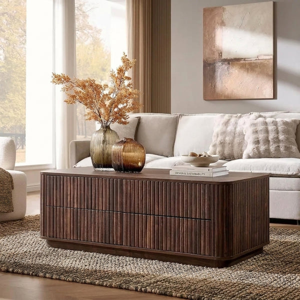 Fluted Walnut Coffee Table, 4-Drawer