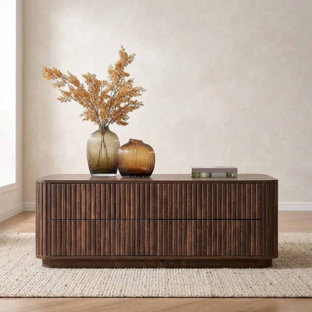 Fluted Walnut Coffee Table, 4-Drawer