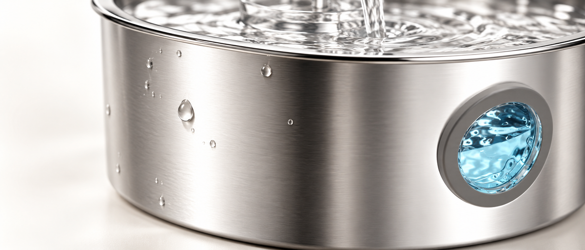 Close-up of the brushed stainless steel body with water droplets