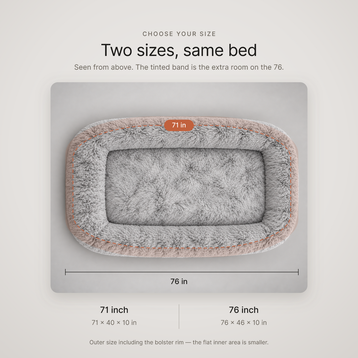 Size guide: the bed seen from above with the 71 inch footprint marked inside the 76 inch, both to the same scale
