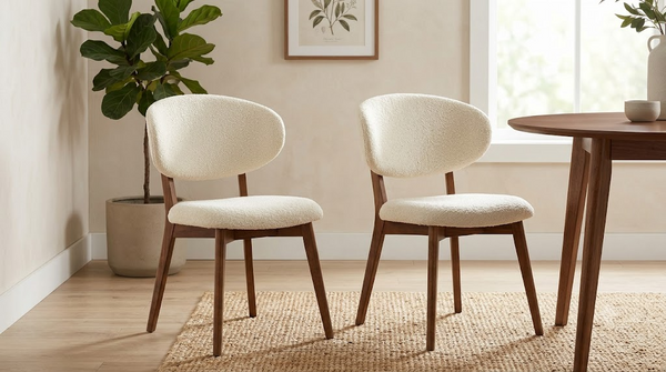 Two cream linen bouclé mid-century dining chairs shown together as a pair