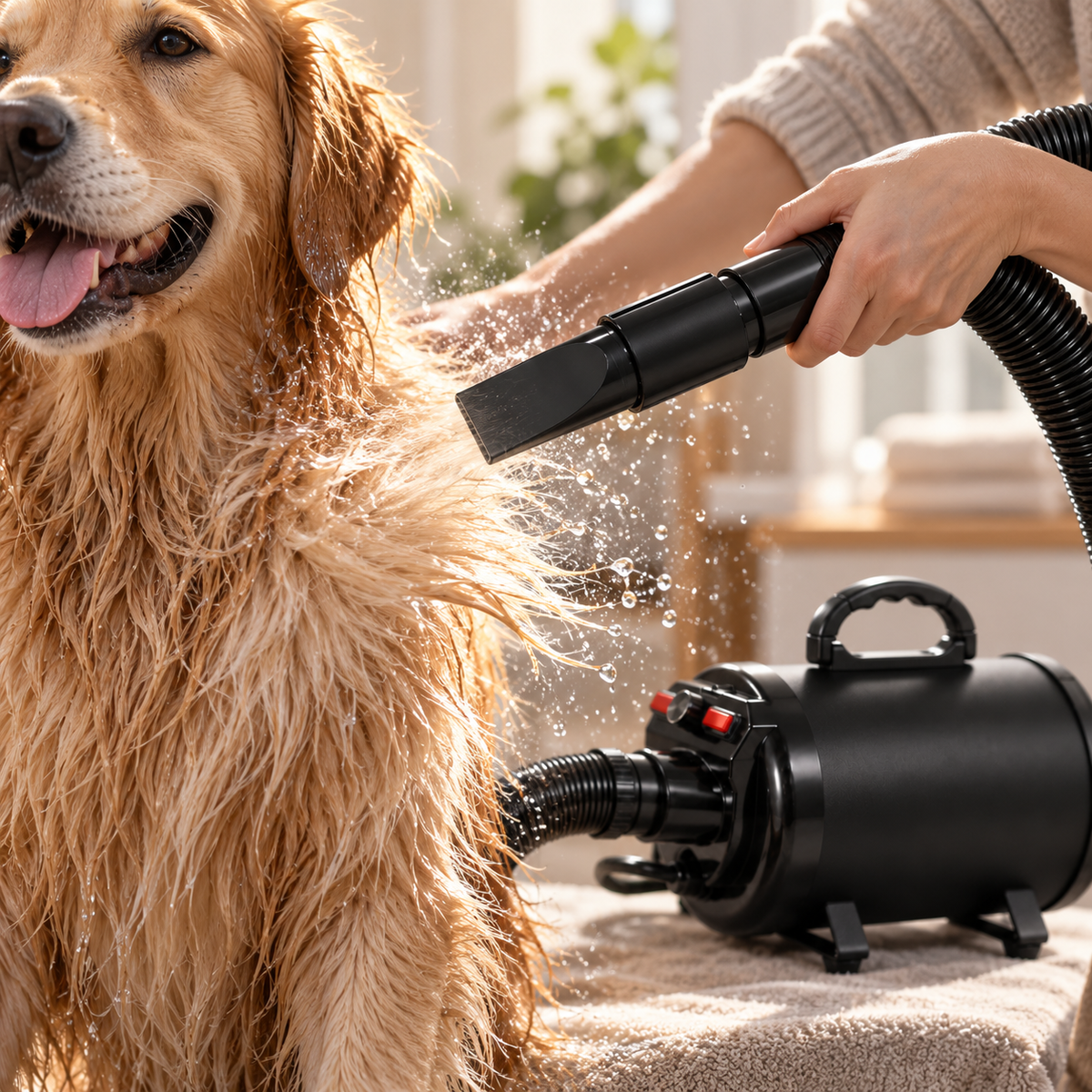 Drying a wet dog's coat with the high-velocity dryer