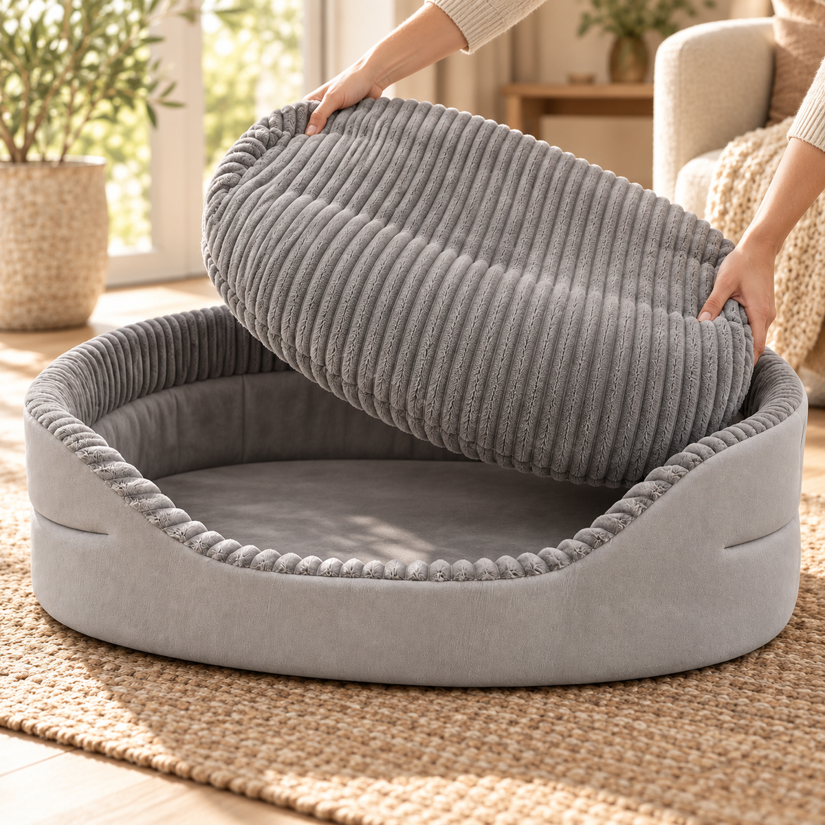 Nest bolster dog bed, in use