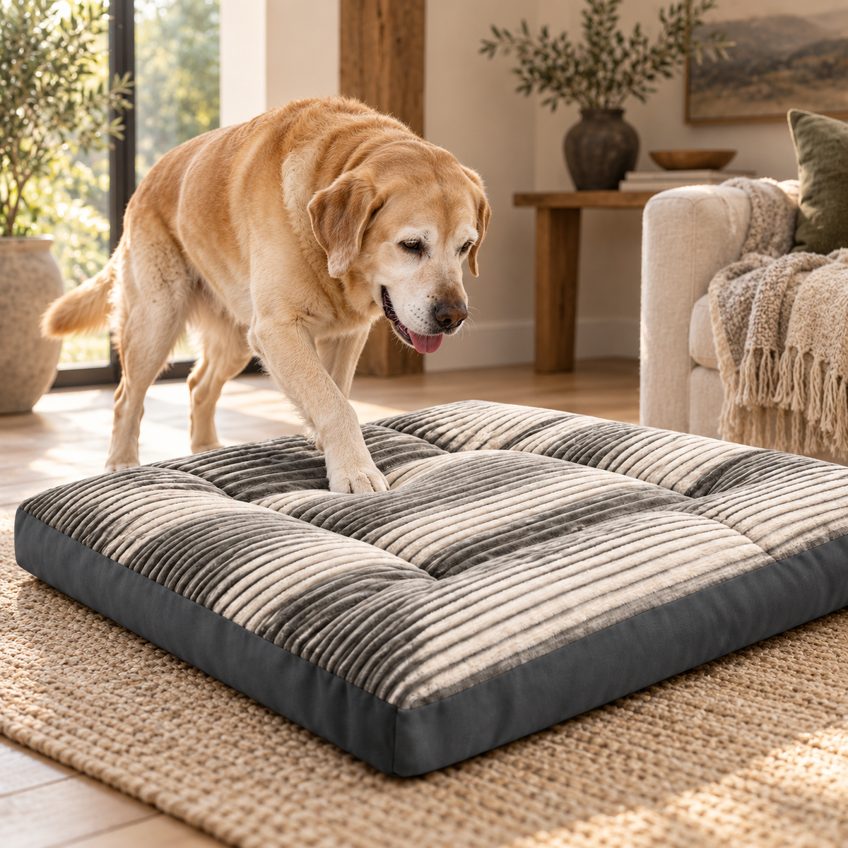 Rest plush dog mattress, in use