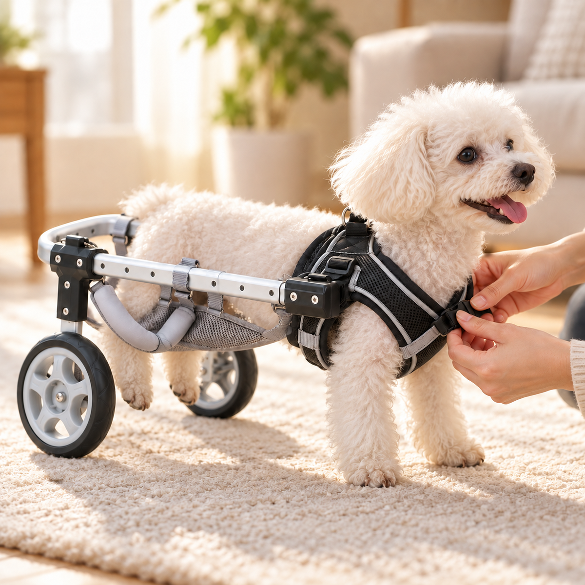 Fastening the harness on a small dog in the Rove wheelchair