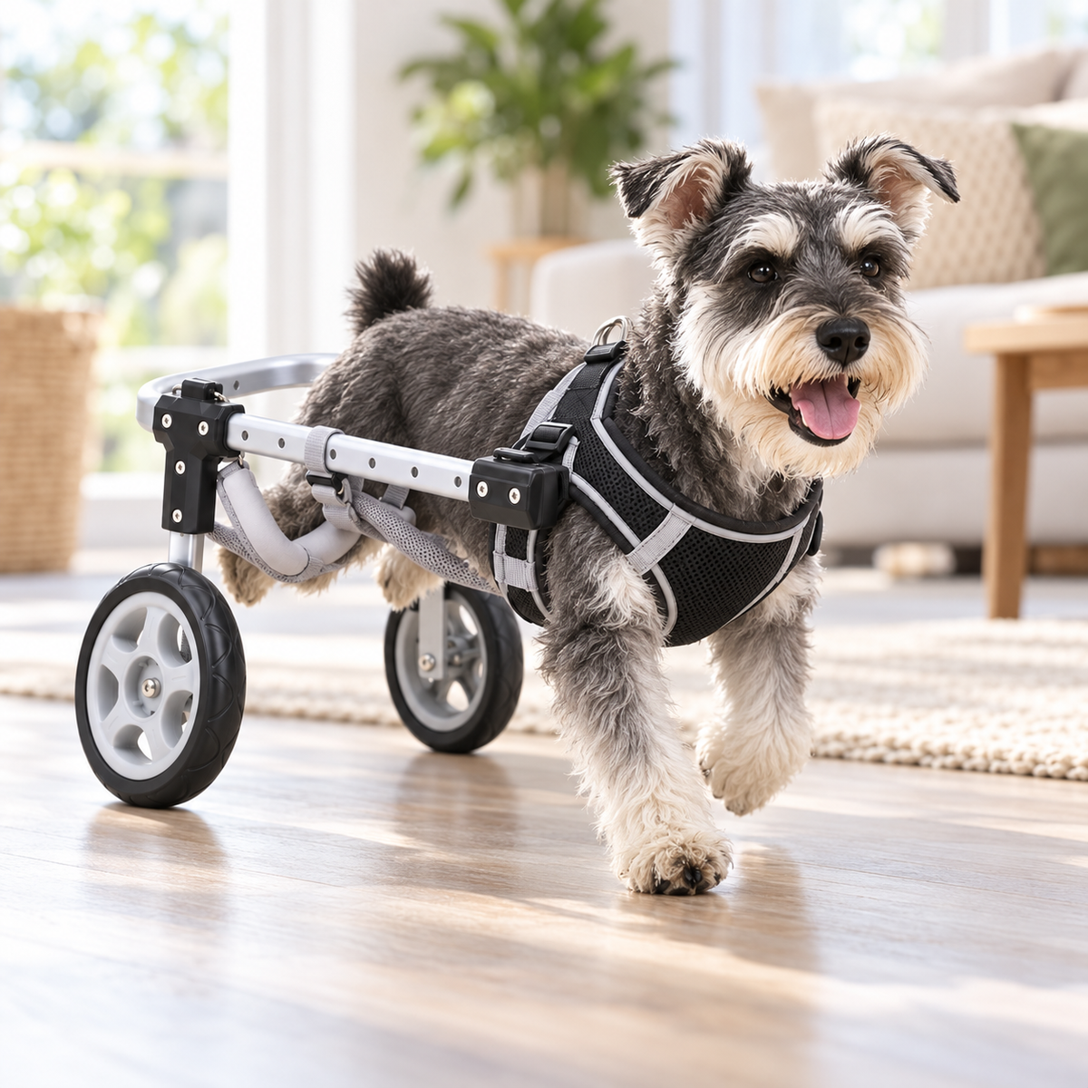 A miniature schnauzer trotting in the Rove Small Dog Wheelchair