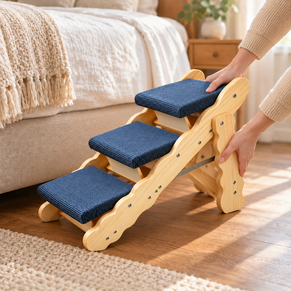 Tier 2-in-1 dog stairs, in use