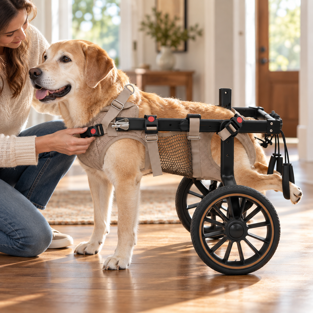 Fastening the harness on a Labrador in the Trek Large Dog Wheelchair