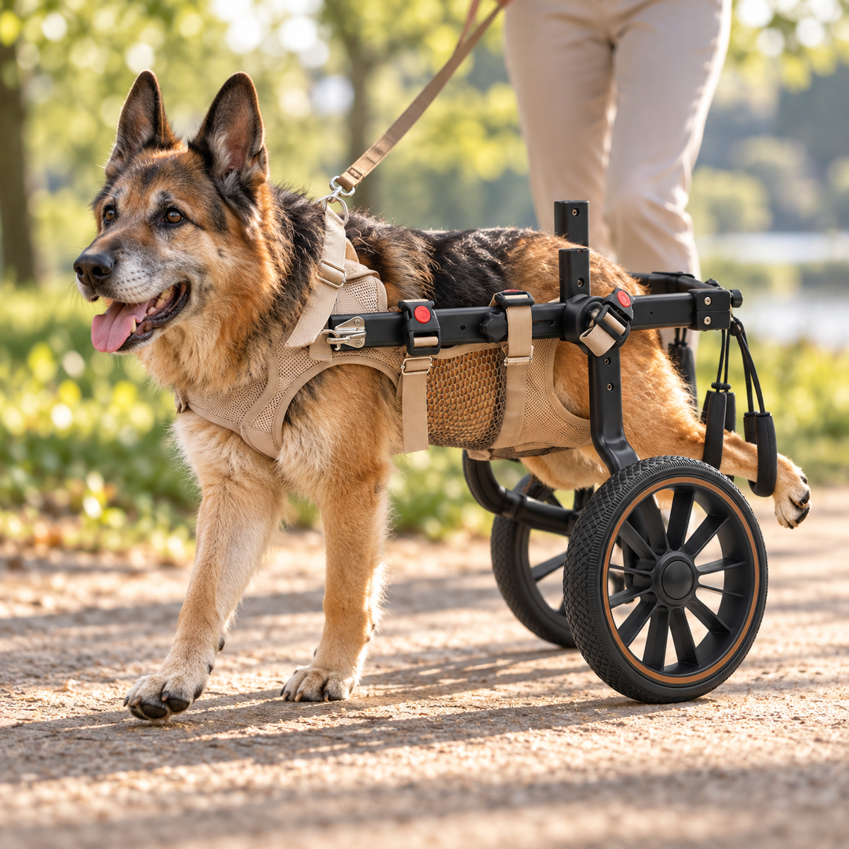A German shepherd walking in the Trek Large Dog Wheelchair