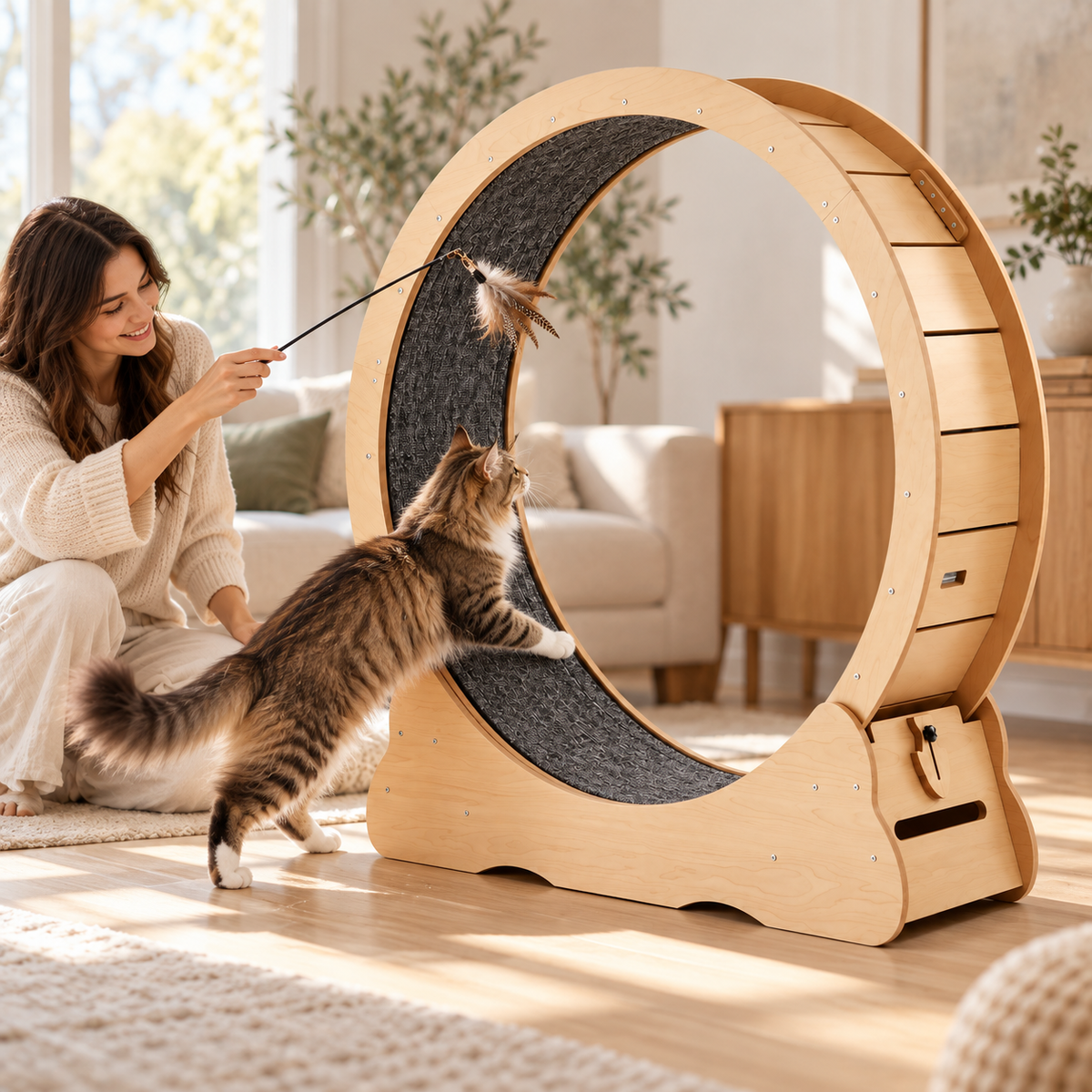 Coaxing a cat onto the exercise wheel with a teaser wand