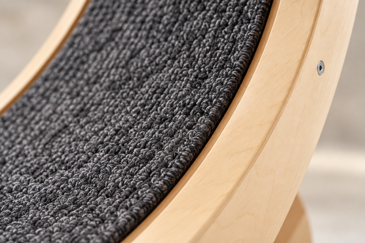 Close-up of the cat wheel's carpet track and wooden rim