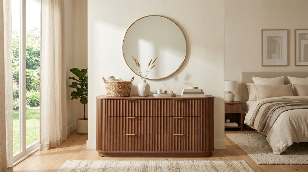 Curved fluted walnut dresser in a sunlit bedroom
