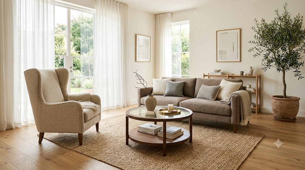 Sunlit living room with linen wingback chair and walnut coffee table