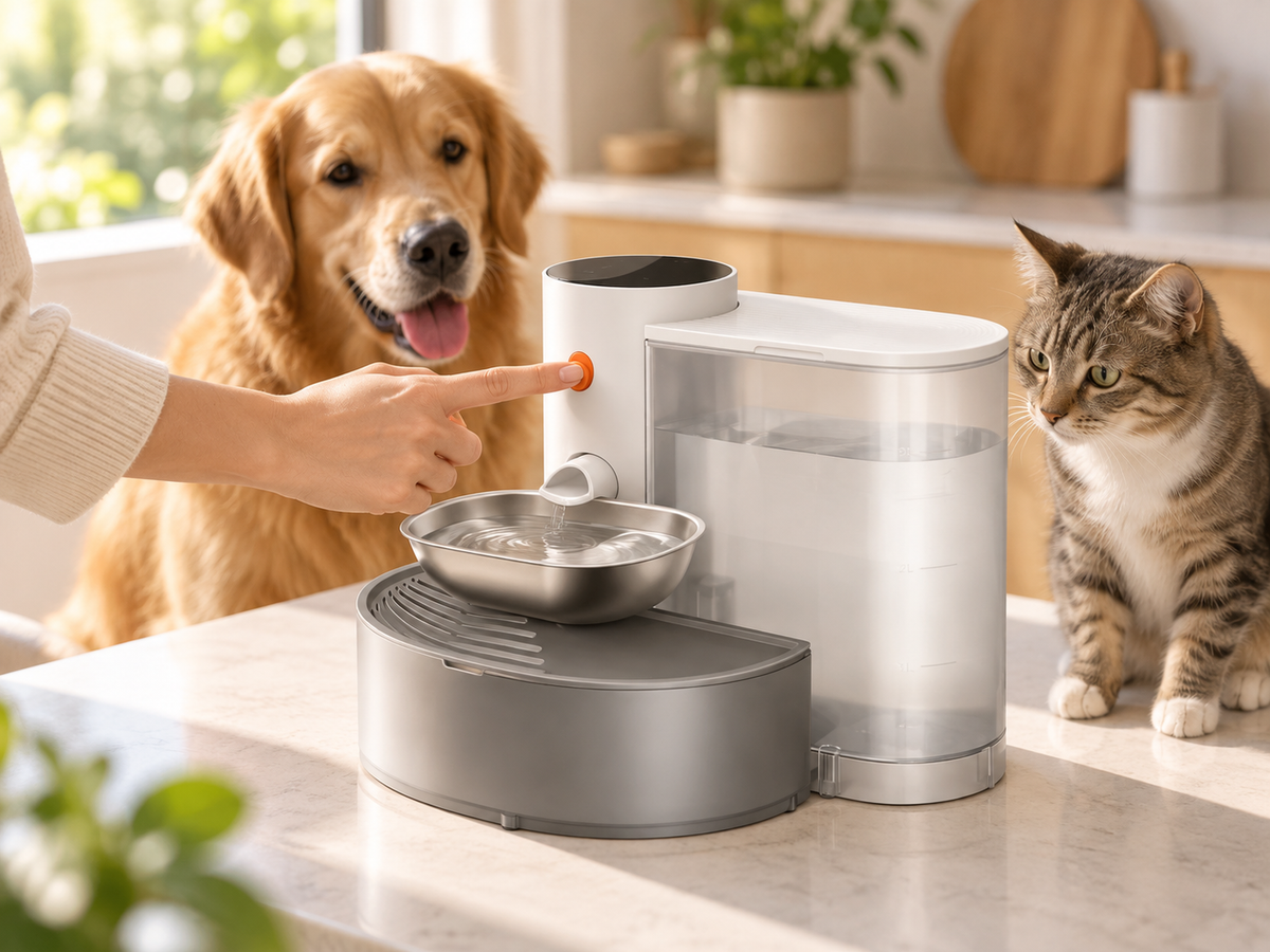 A hand pressing the power button while a dog and cat watch