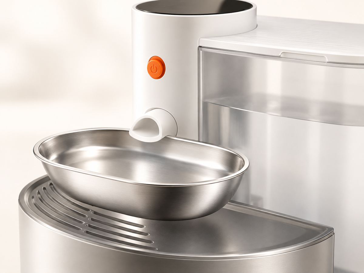 Close-up of the stainless steel bowl and control button