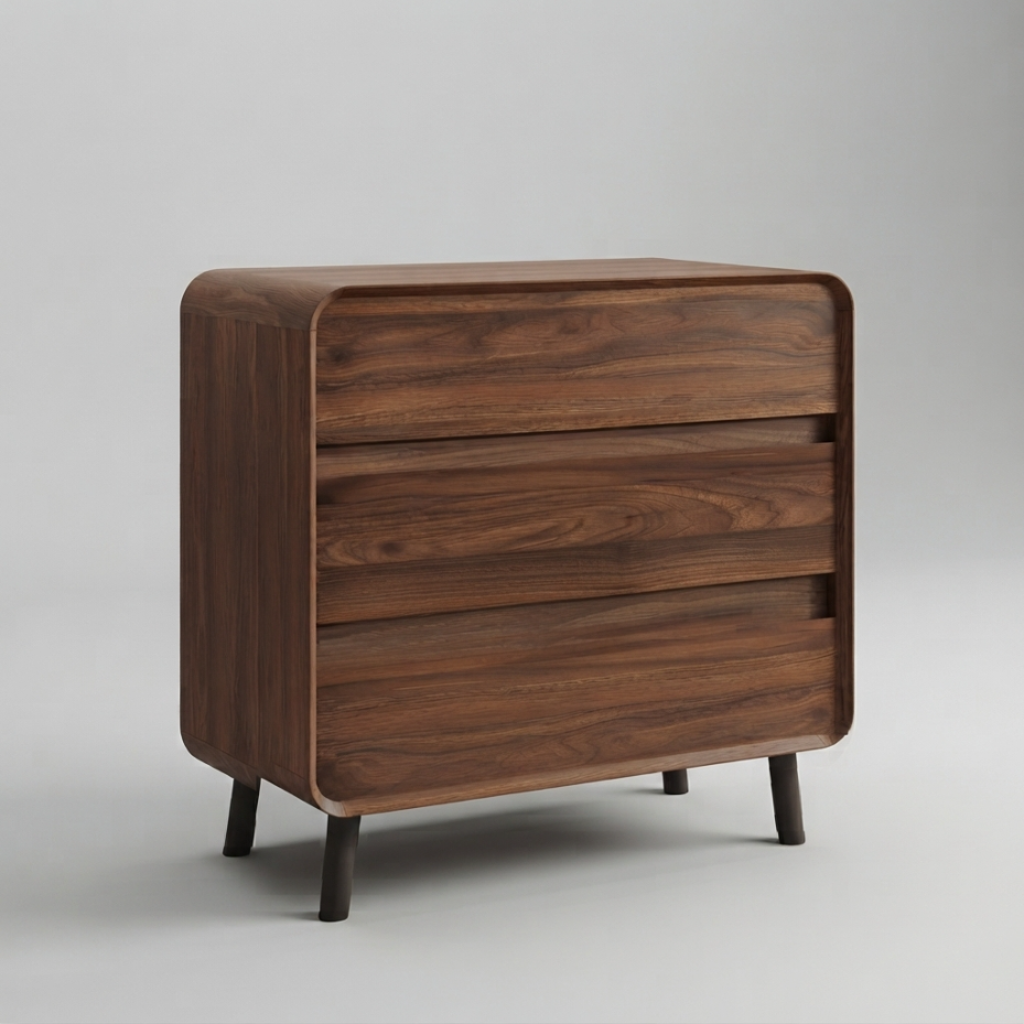 Curved walnut 3-drawer chest, angled studio shot