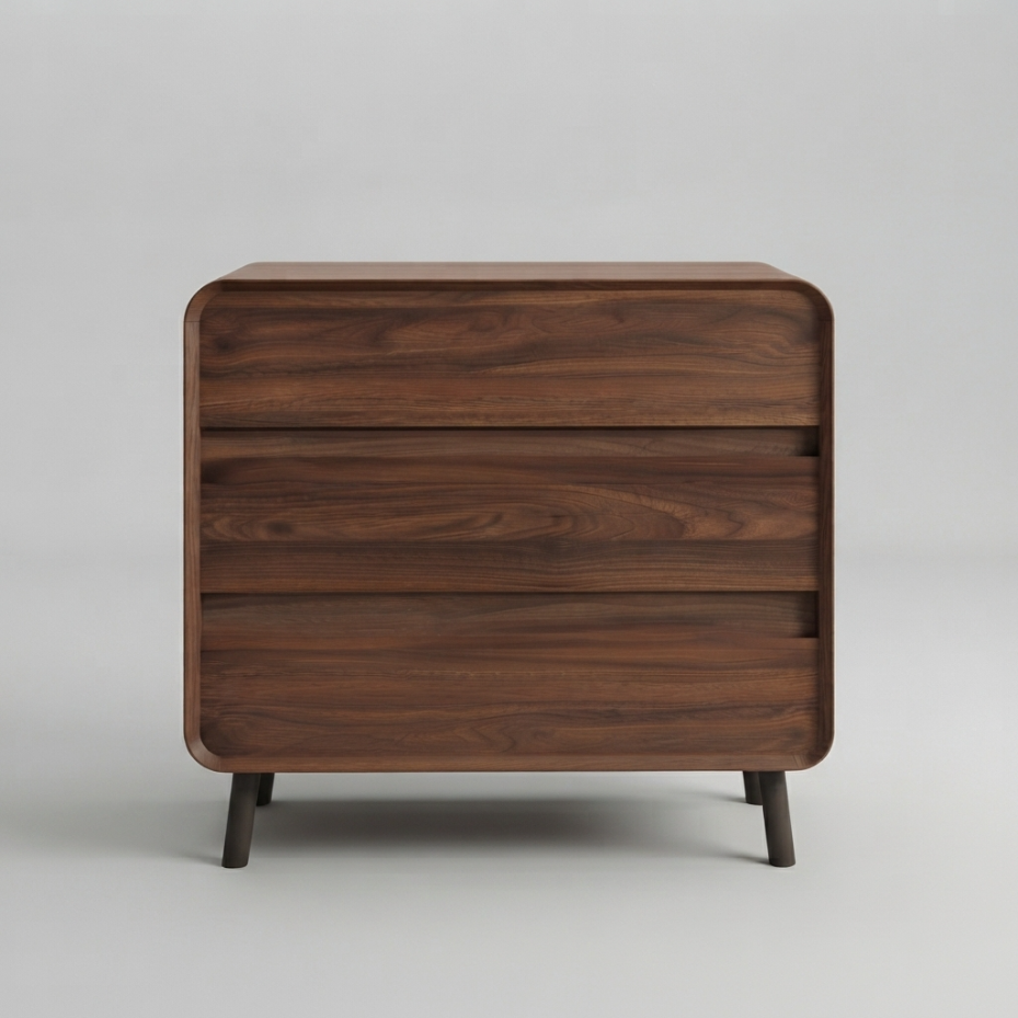 Curved walnut 3-drawer chest, front studio shot