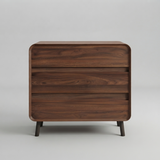 Curved walnut 3-drawer chest, front studio shot